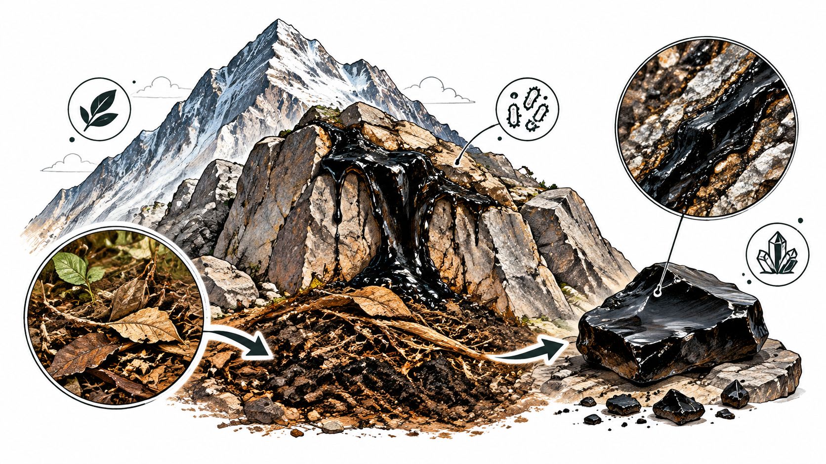 An illustration showing the formation of shilajit from plant matter and microbes in mountain rock crevices.