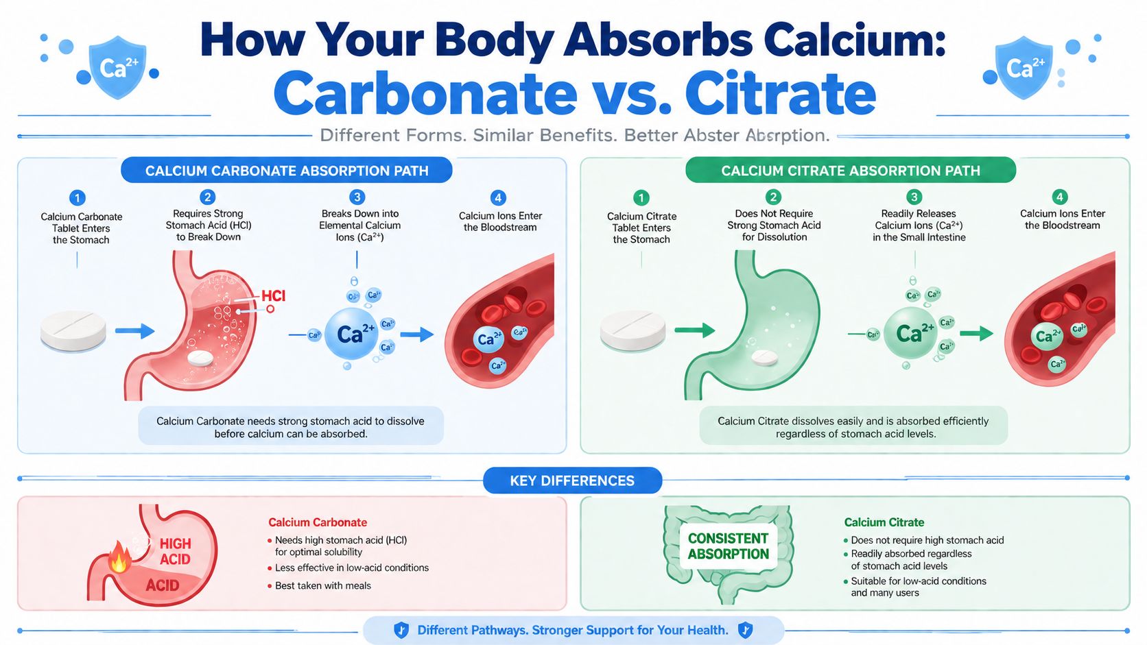 A diagram comparing the absorption processes of calcium carbonate and calcium citrate supplements in the human stomach.