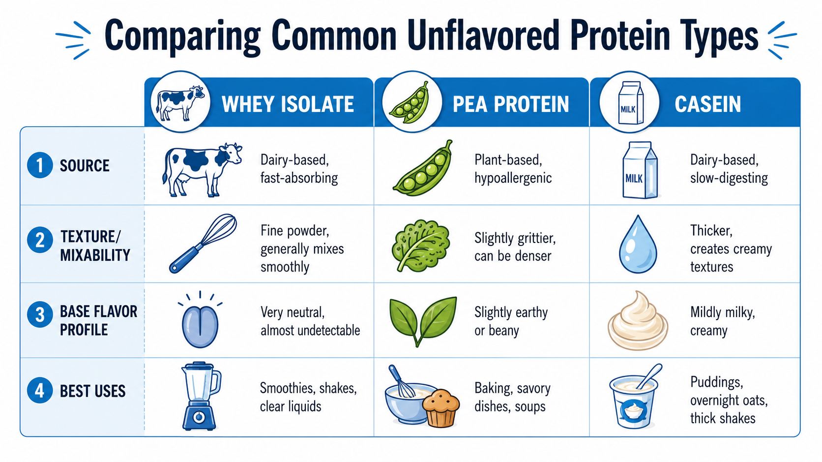 A comparison chart outlining the sources, textures, flavor profiles, and best uses of unflavored protein types.