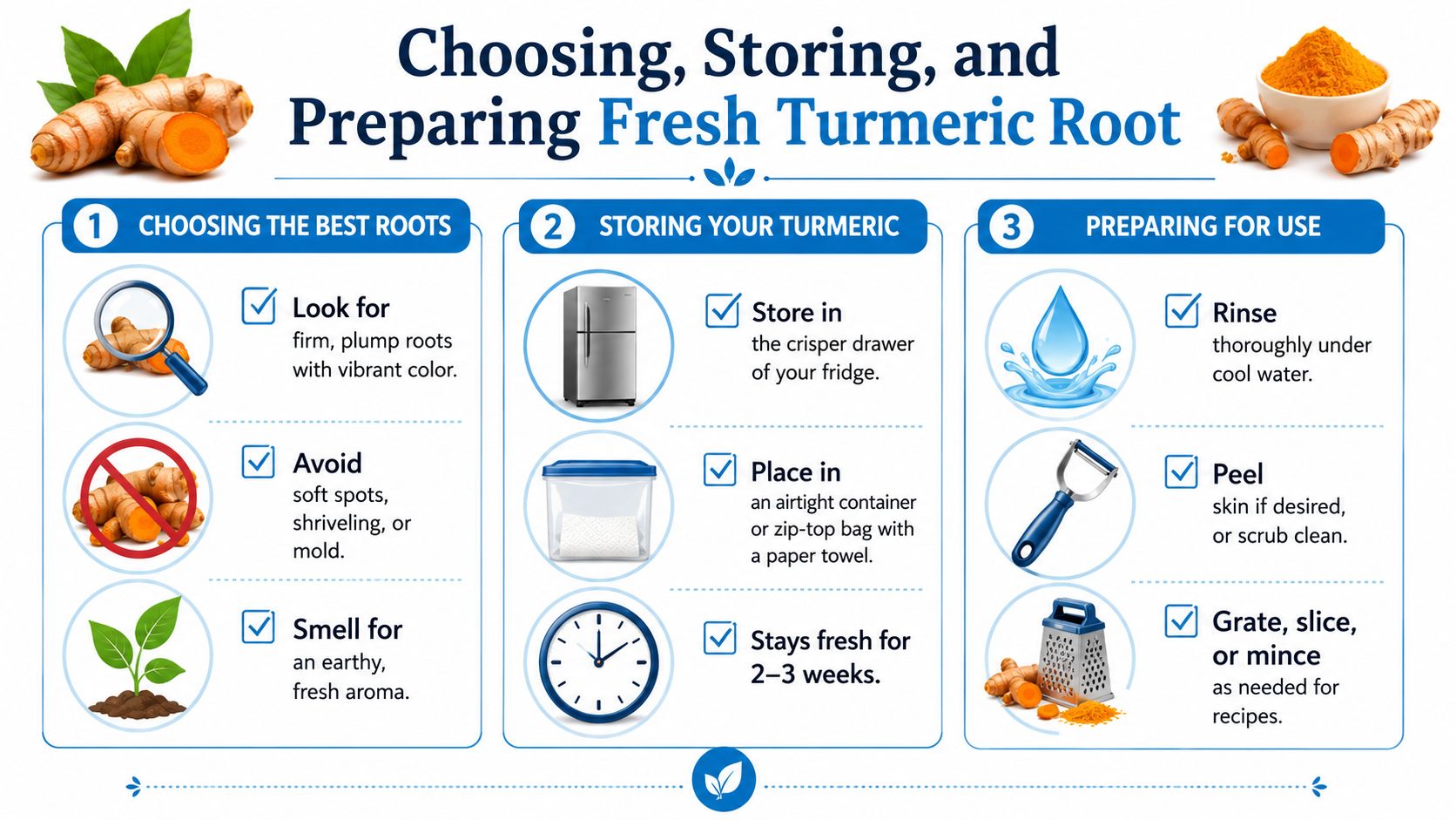 An infographic detailing how to choose, store, and prepare fresh turmeric root for cooking and recipes.