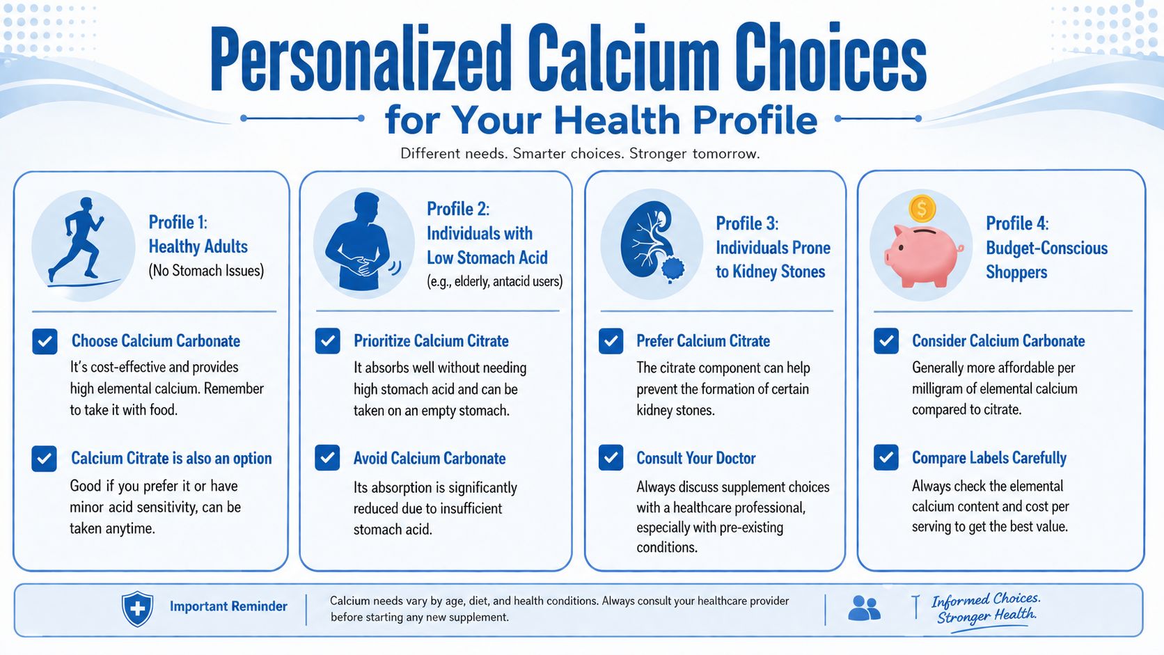 An infographic showing personalized calcium supplement recommendations based on different health profiles and needs.