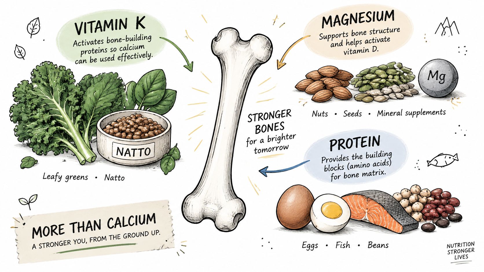 An infographic illustrating essential nutrients like Vitamin K, Magnesium, and Protein for maintaining healthy, stronger bones.