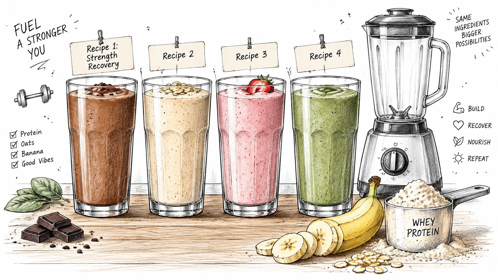 A hand-drawn illustration showing four different healthy protein shakes with ingredients like oats, banana, and chocolate.
