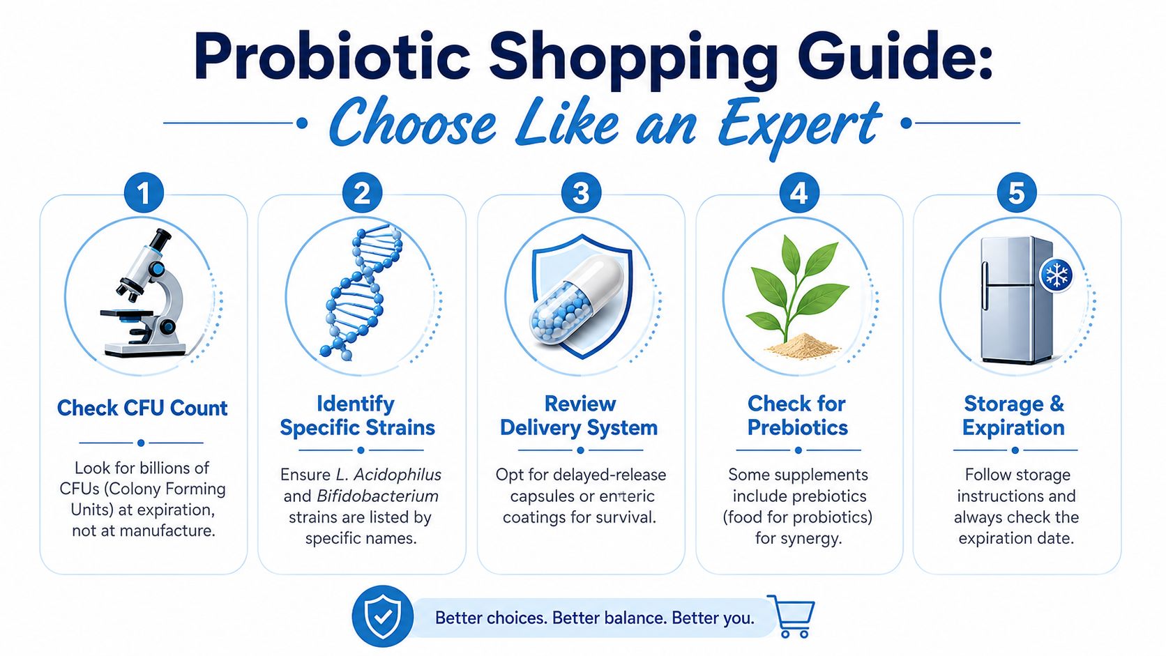 An infographic titled Probiotic Shopping Guide providing five expert tips for choosing the right probiotic supplement.
