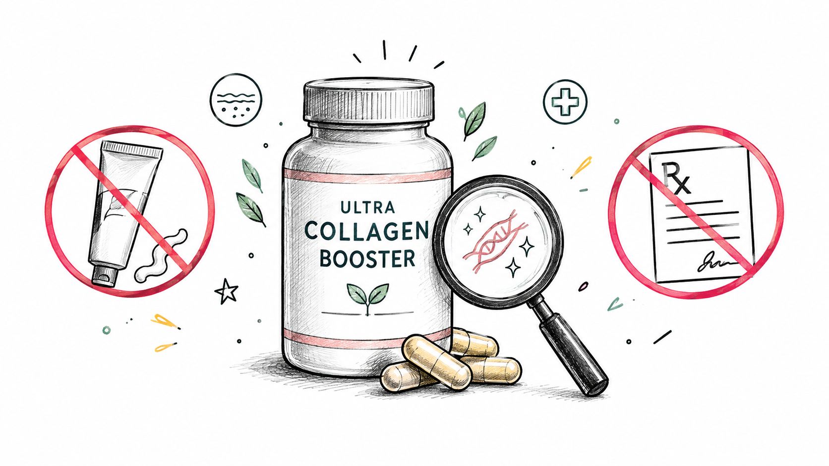A hand-drawn illustration of an Ultra Collagen Booster supplement bottle with capsules, excluding creams and prescriptions.