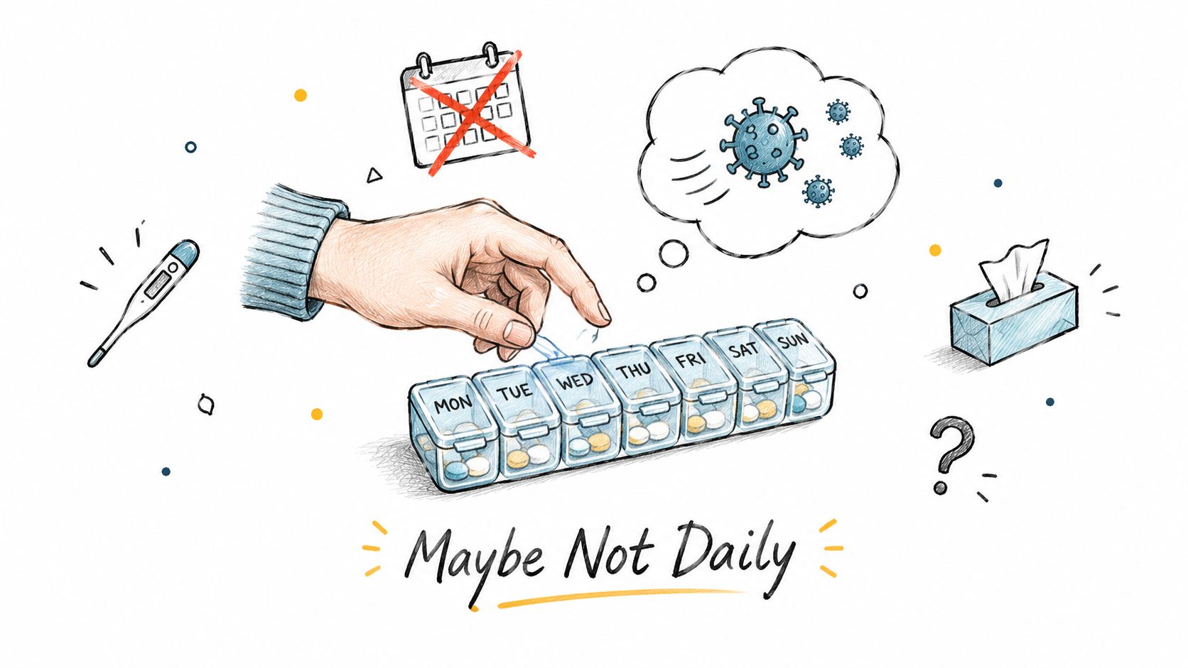 A hand opens a daily pill organizer while thinking about viral illness with cold symptoms like fever and tissues.
