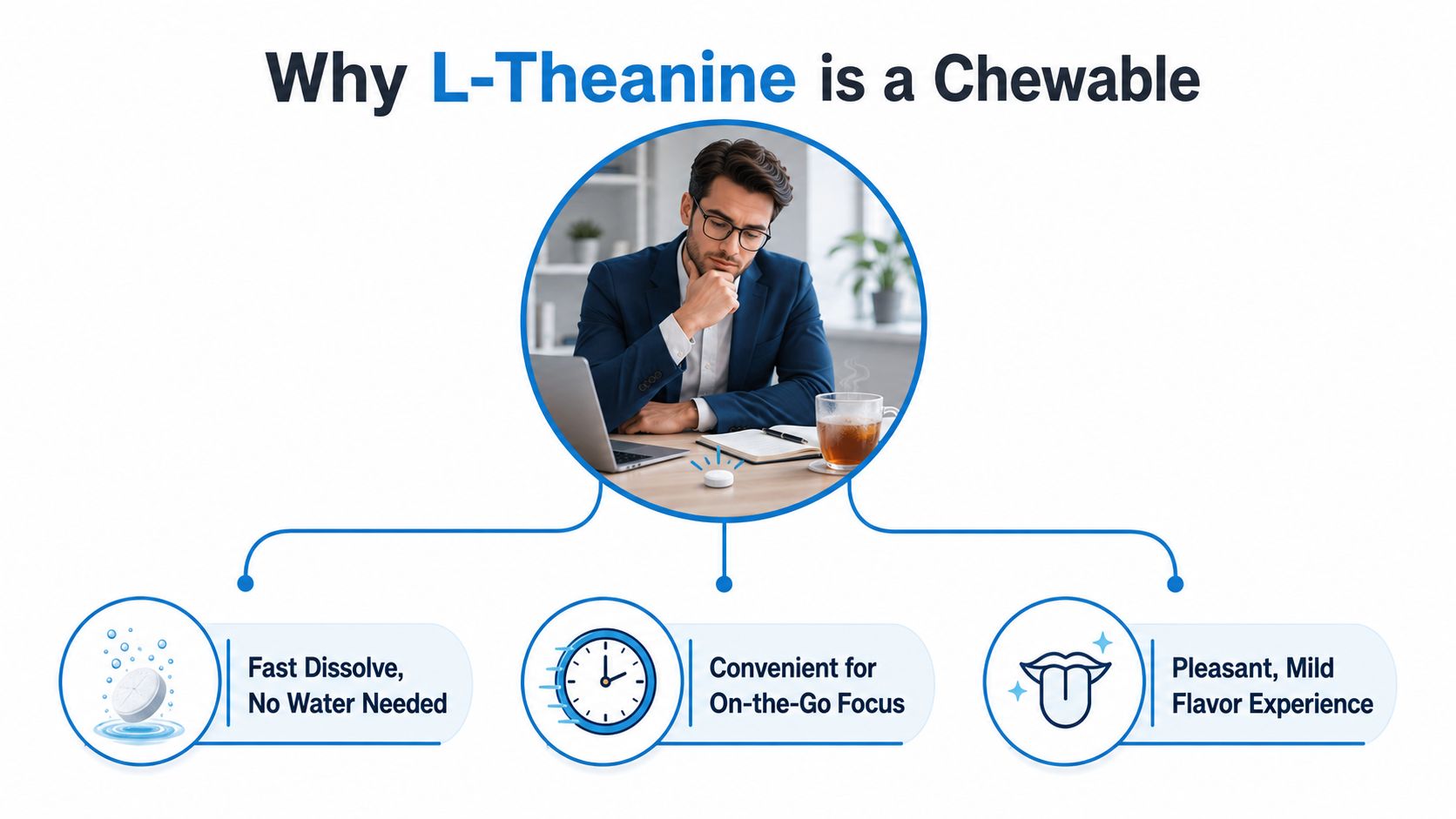 A professional man at a desk with an infographic highlighting the benefits of chewable L-Theanine supplements.