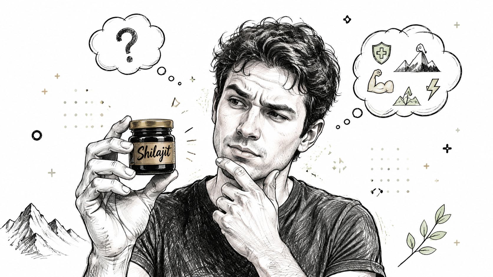 A man thoughtfully examining a jar of Shilajit while considering its potential health and physical benefits.