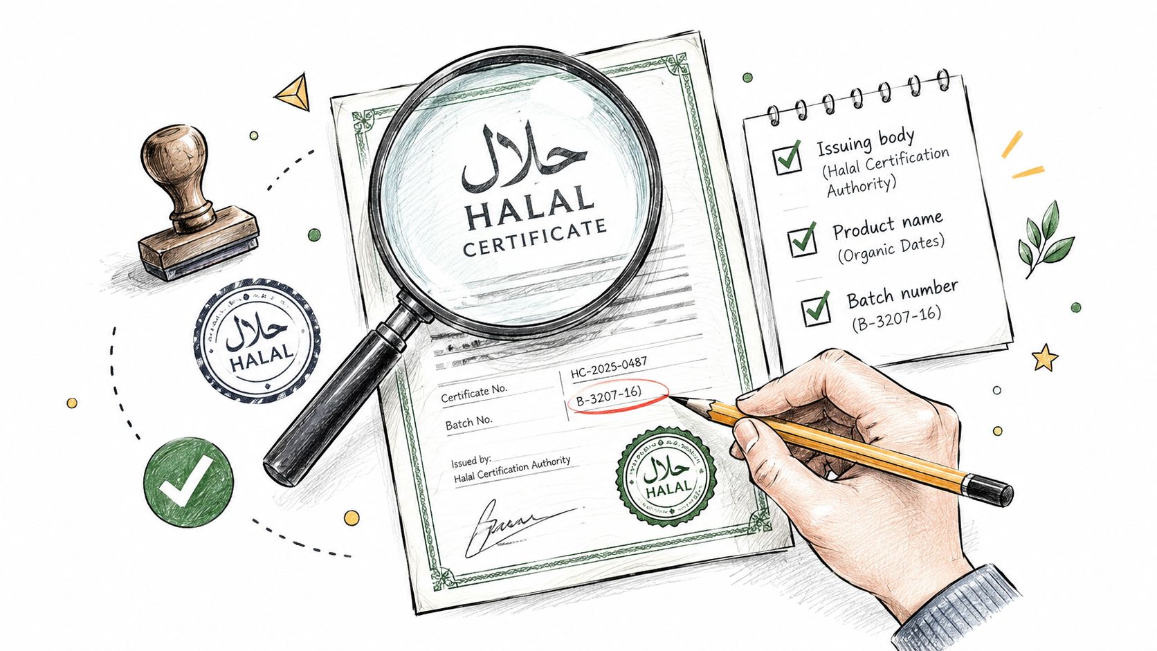 A hand holds a pencil over a document, filling out details like batch number on a Halal certificate.