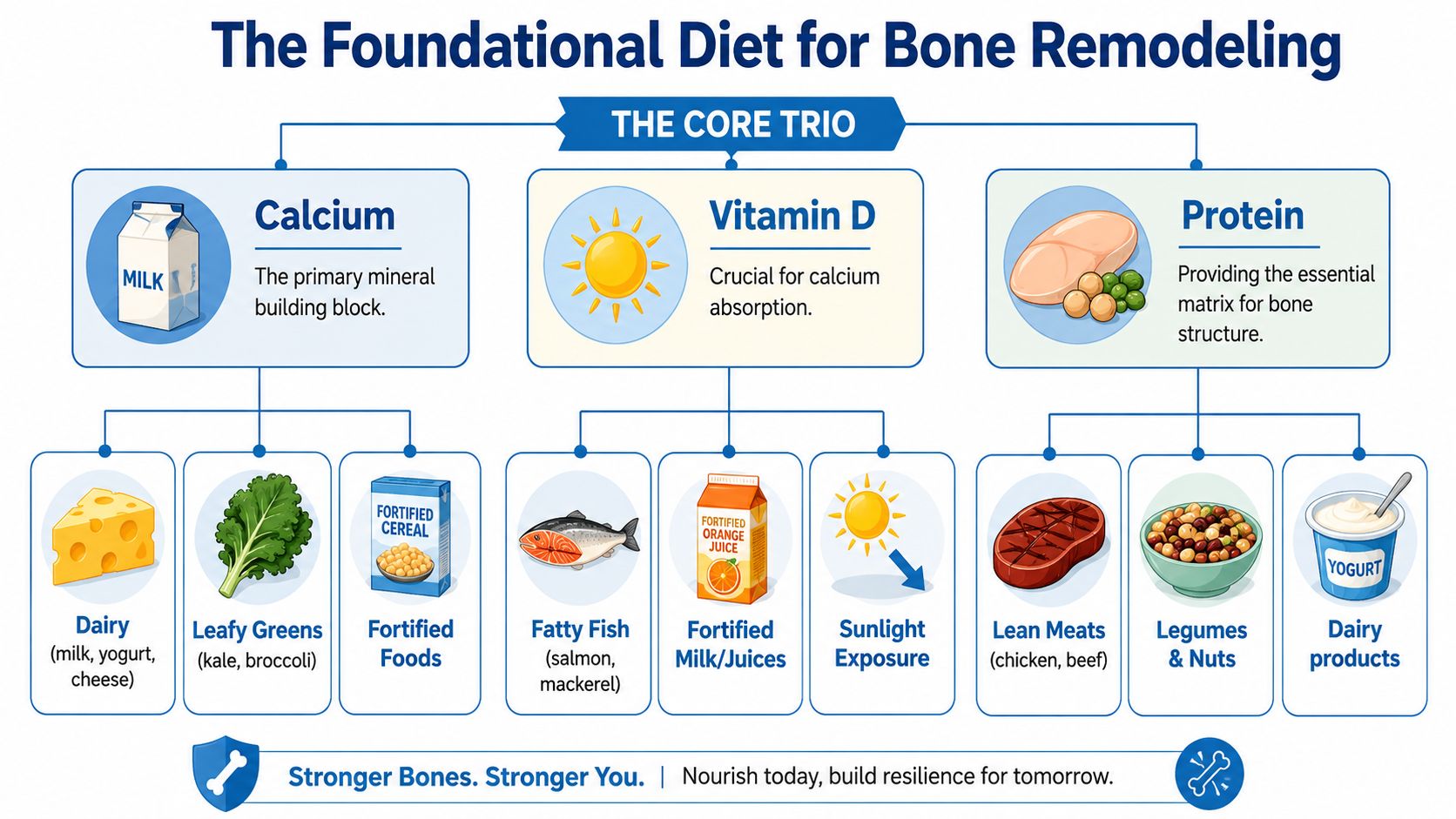 An infographic detailing the foundational nutrients for bone health including calcium, vitamin D, and essential protein sources.