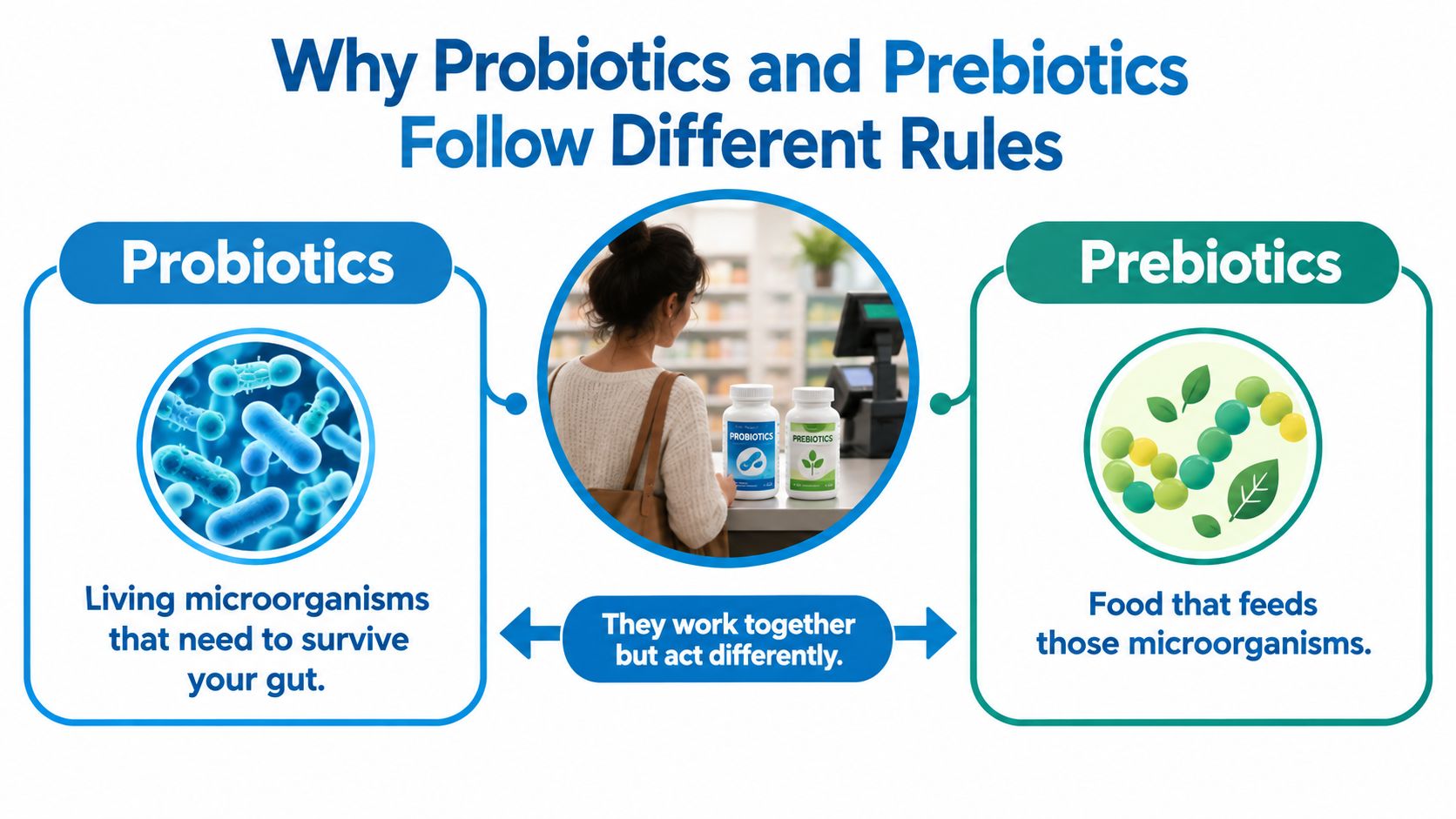 An educational infographic comparing probiotics and prebiotics as supplements for gut health in a pharmacy setting.