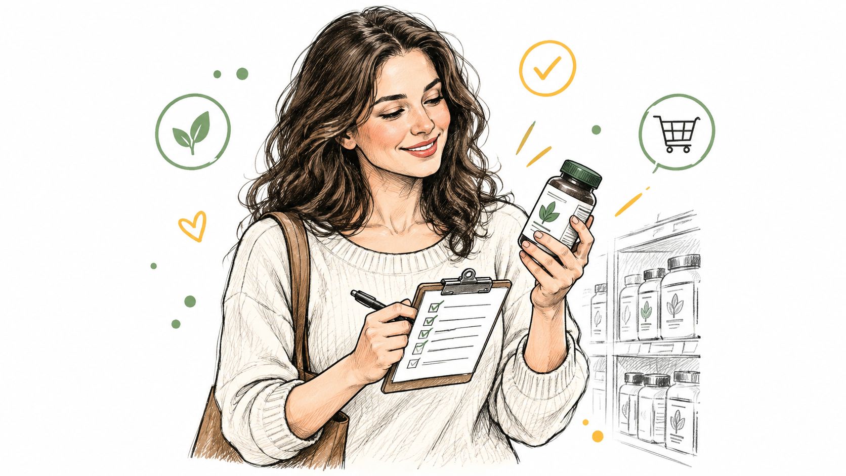 A woman checking a nutritional supplement bottle while holding a clipboard with a checklist in a store.