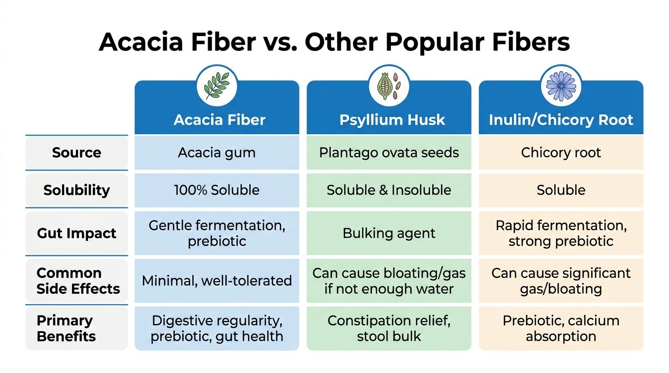 A comparison chart showing differences between Acacia fiber, Psyllium husk, and Inulin supplements regarding their health benefits.