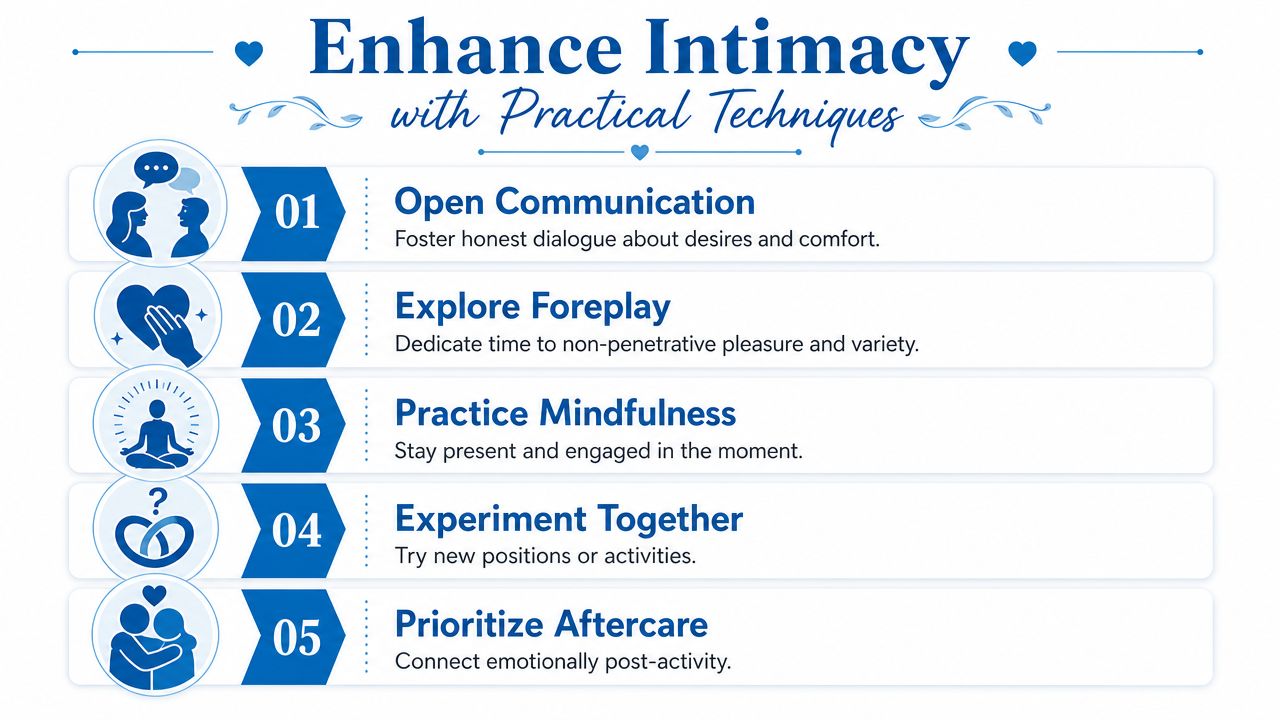 An infographic titled Enhance Intimacy with Practical Techniques listing five tips for improving sexual connection in relationships.