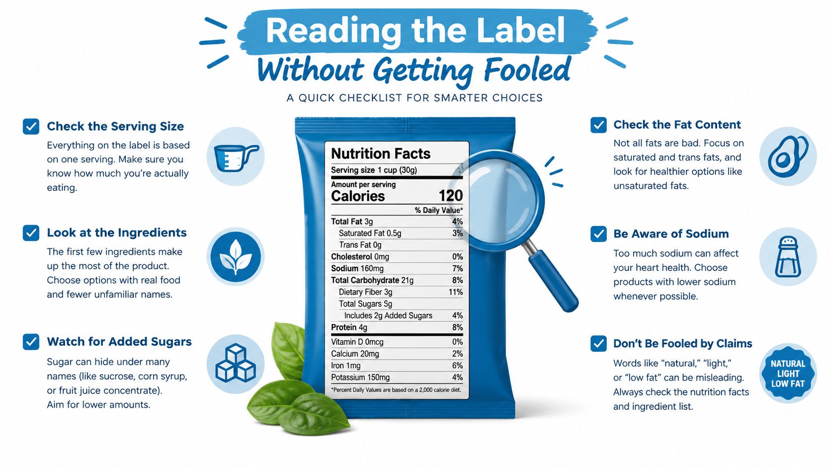 An educational infographic providing a guide on how to read and understand food nutrition labels correctly.