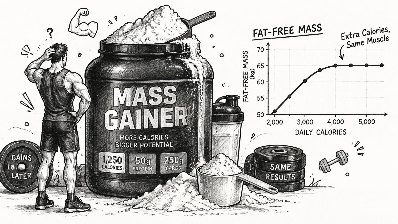 A hand-drawn illustration showing a fitness enthusiast comparing mass gainer supplements to muscle growth plateaus on a graph.