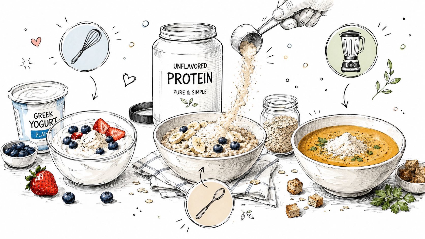 A hand scooping unflavored protein powder into a bowl of oatmeal with yogurt and soup nearby.