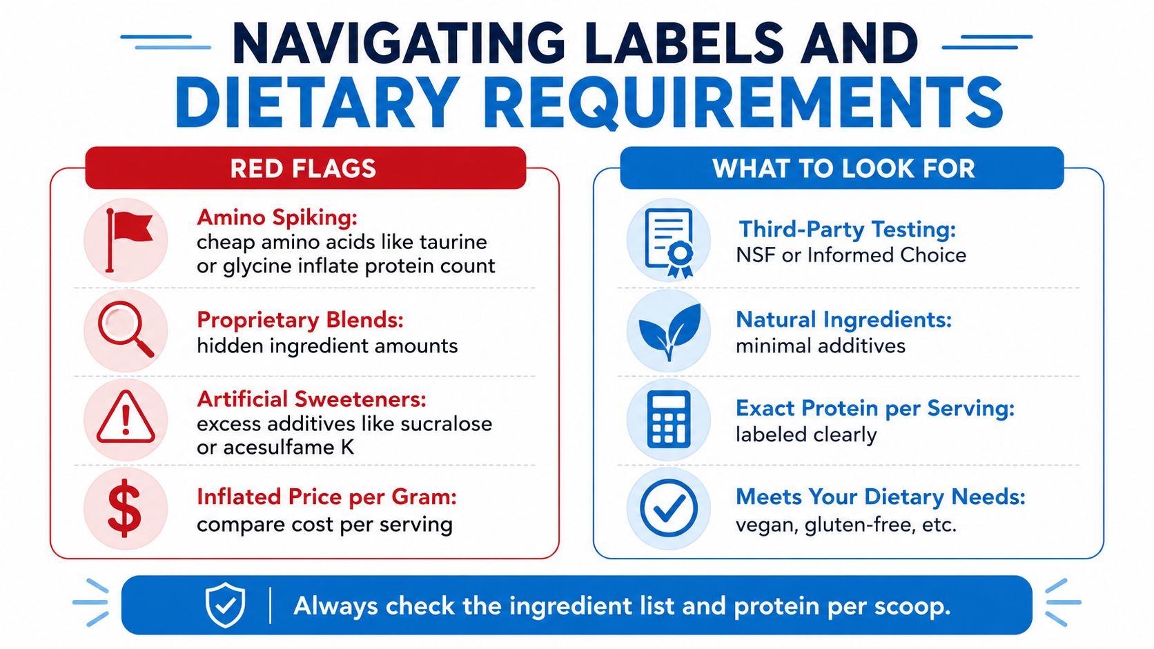 A helpful infographic outlining tips for navigating supplement labels, focusing on red flags and what to look for.