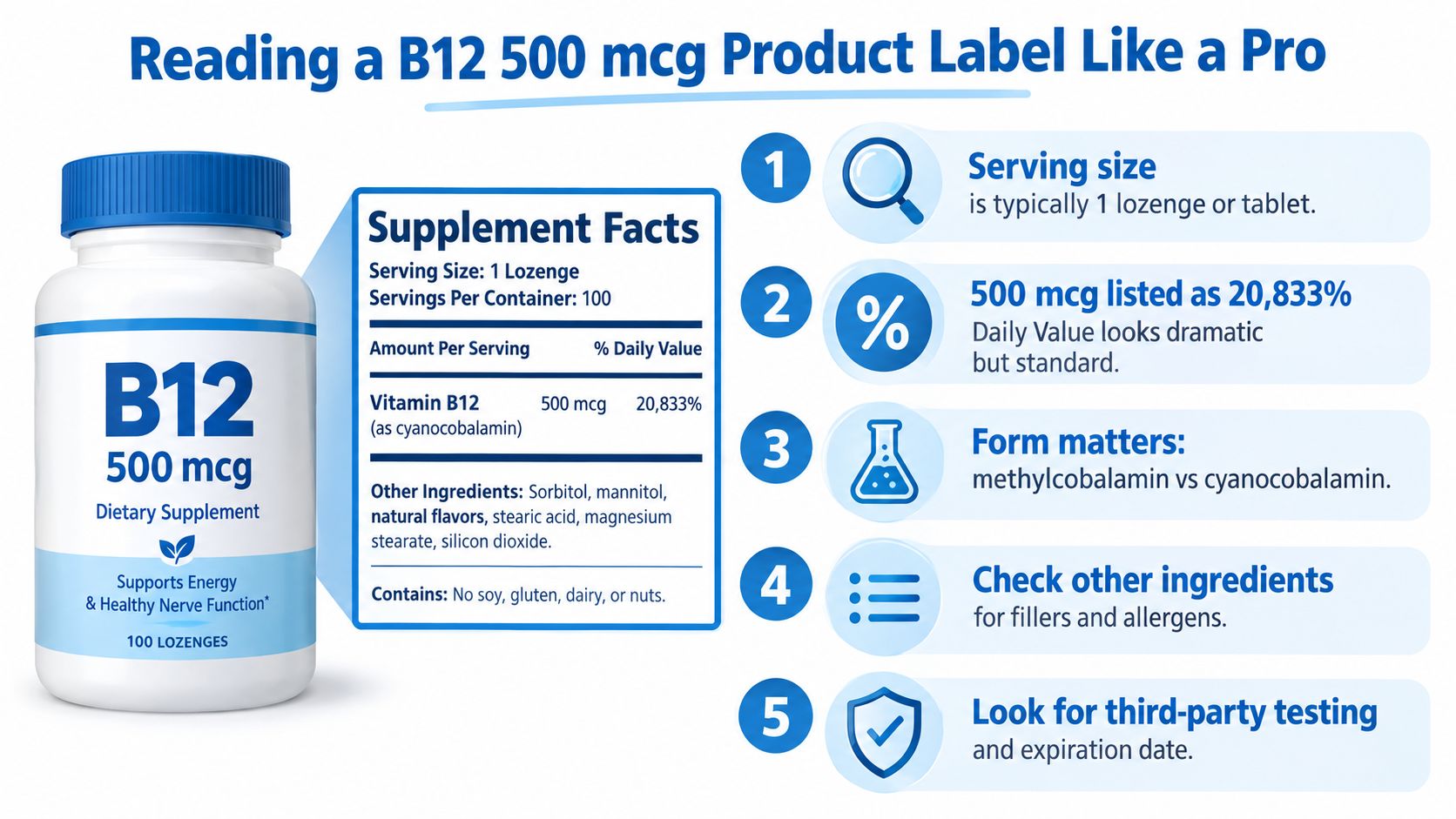 An educational infographic showing how to read a B12 supplement facts label with five key steps.