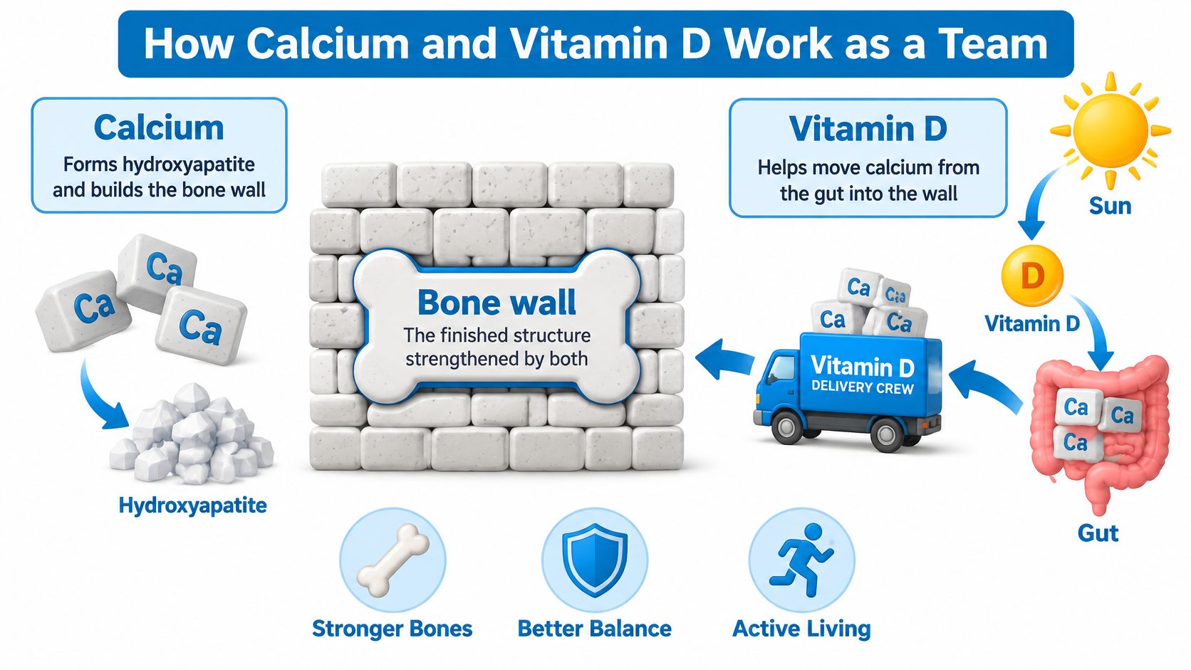 An educational infographic illustrating how calcium and vitamin D work together to strengthen human bone structure.