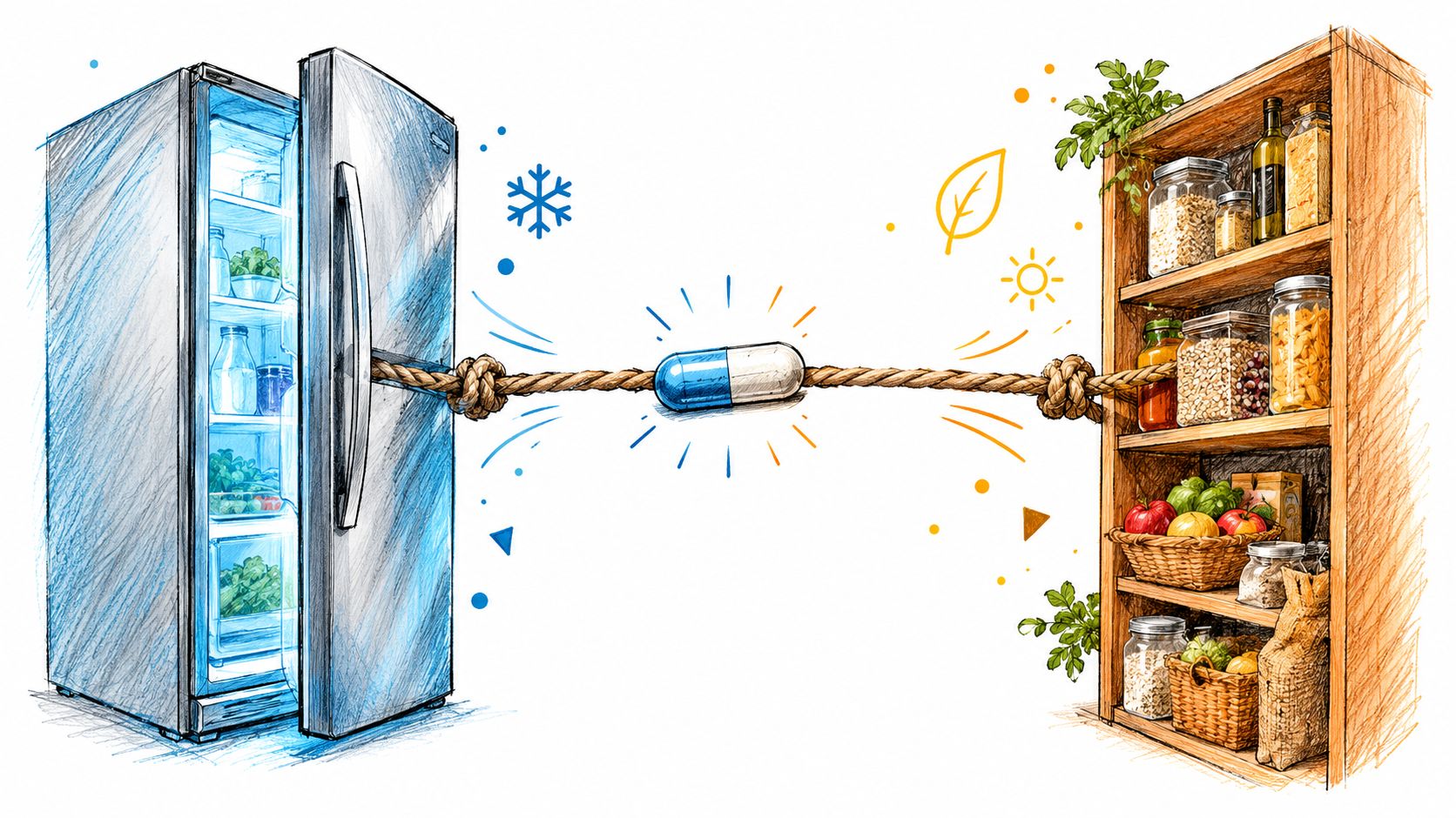A pill connected by ropes between a refrigerator and a wooden pantry shelf, representing probiotic storage options.