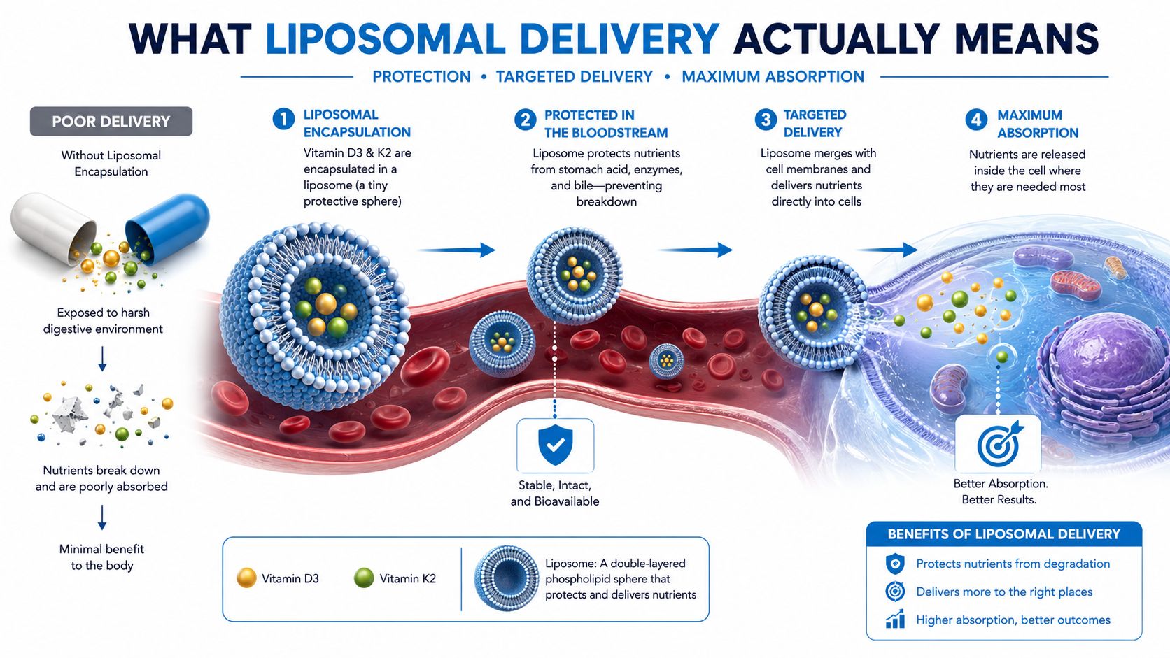 A diagram illustrating how liposomal technology encapsulates Vitamin D3 and K2 for improved protection and absorption.