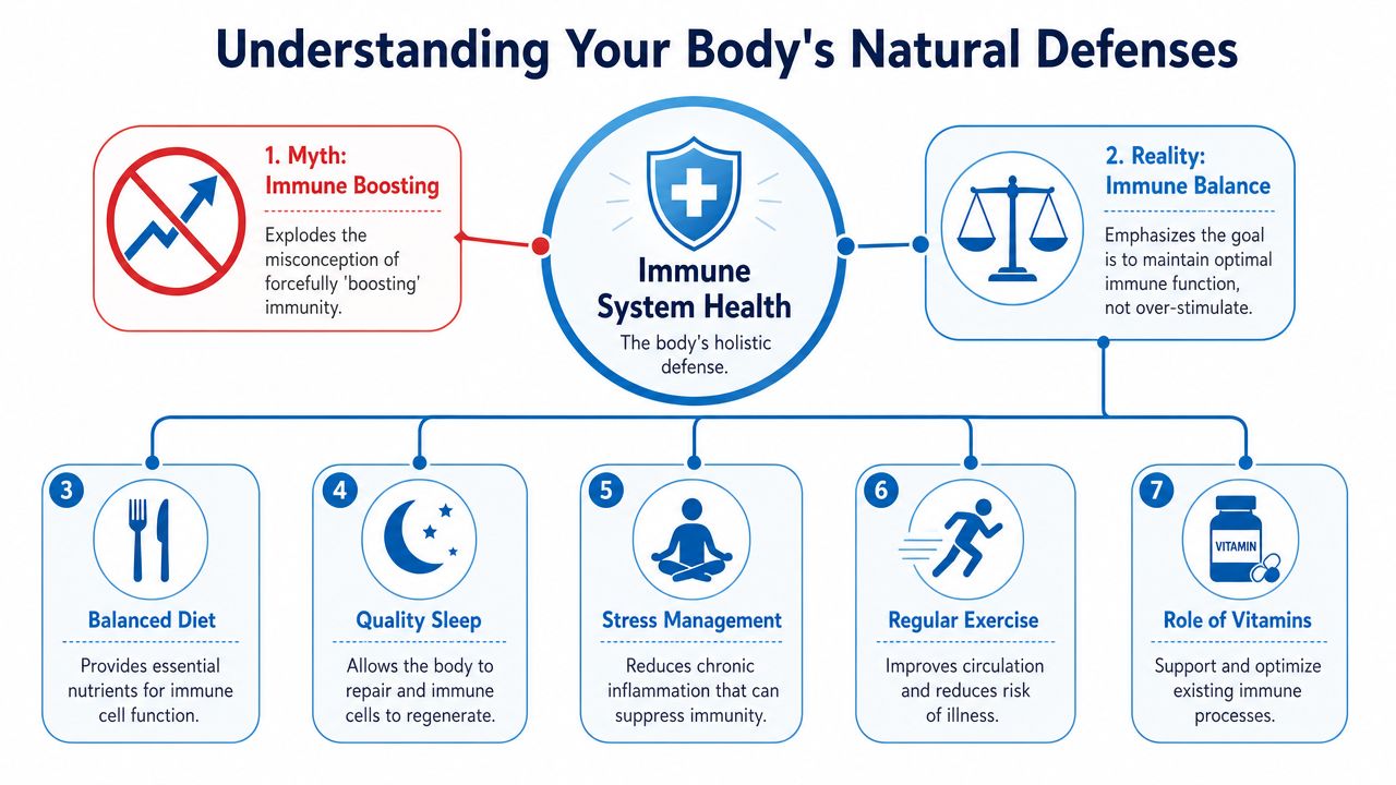 A diagram illustrating how balanced diet, sleep, stress management, exercise, and vitamins support immune system health.