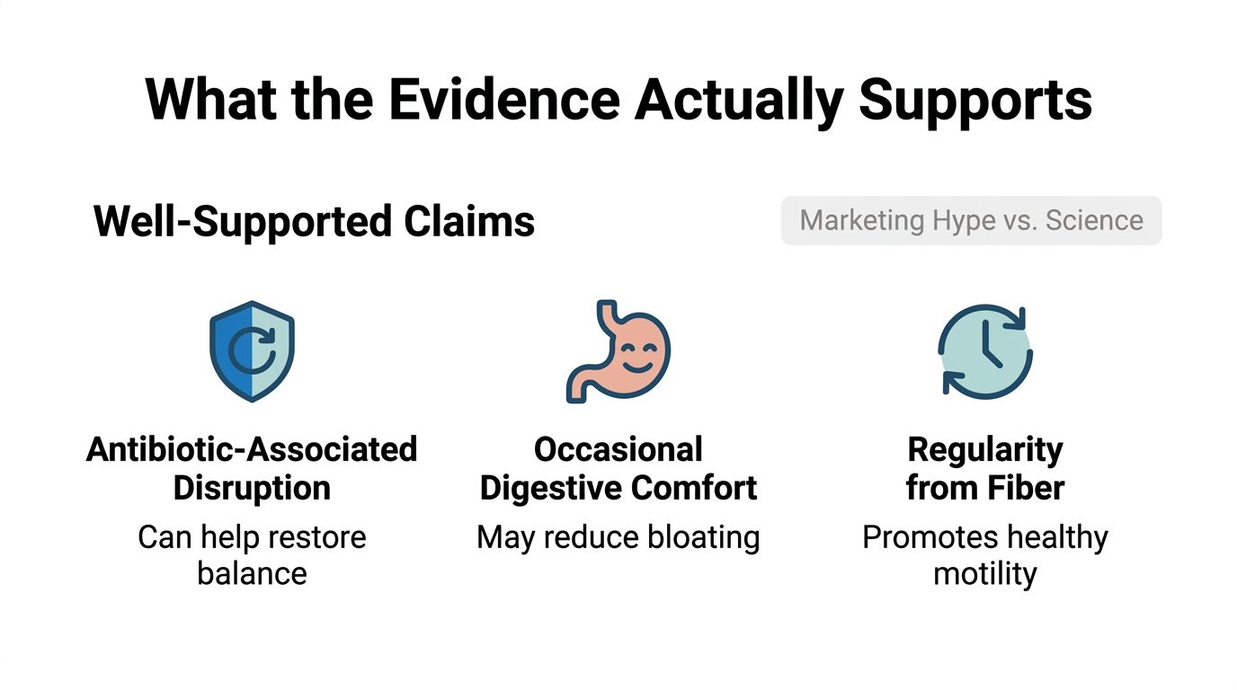 An infographic titled What the Evidence Actually Supports detailing the benefits of probiotics and fiber supplements.