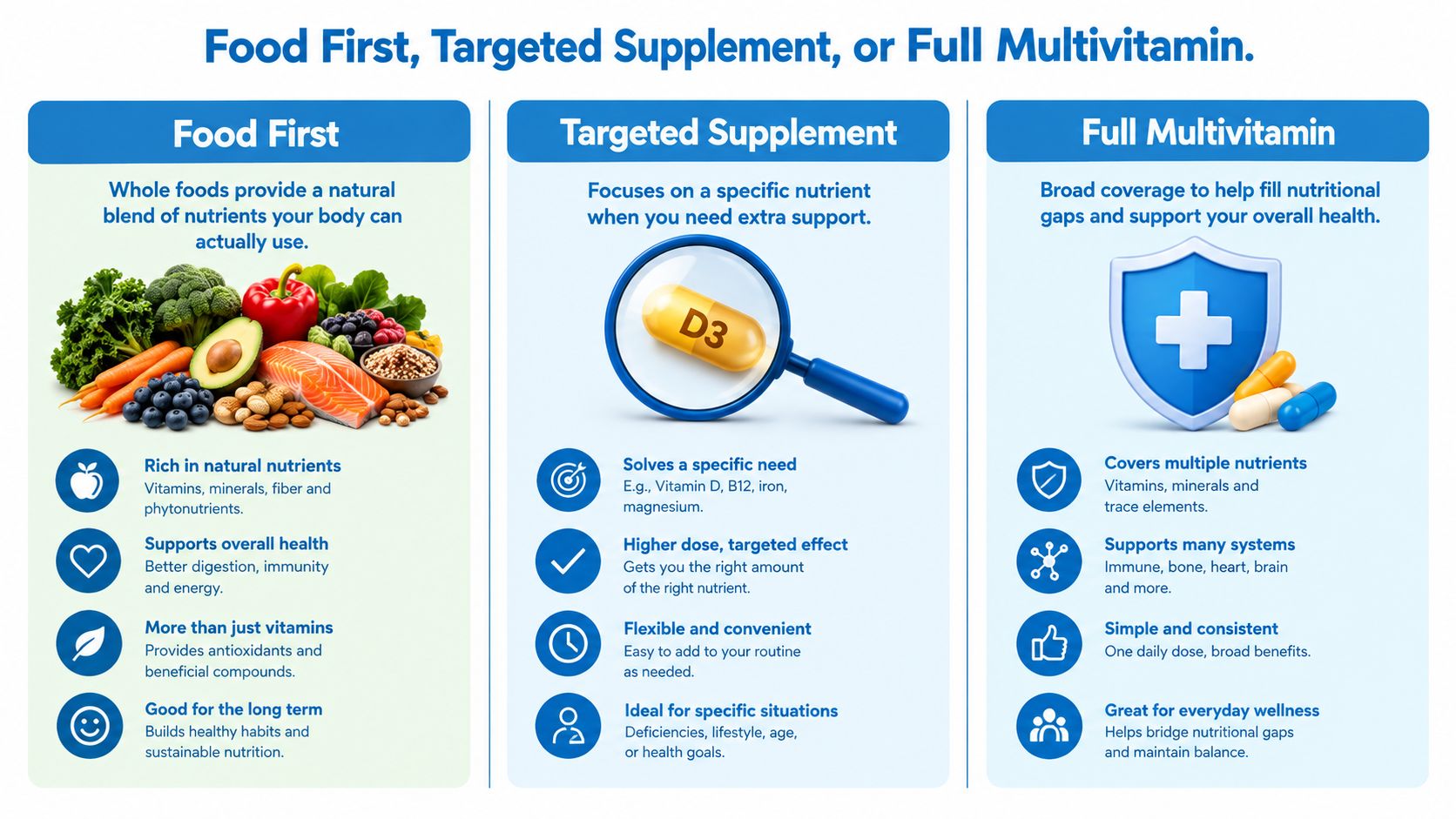 A nutritional guide comparing whole foods, targeted supplements, and full multivitamins for health support.