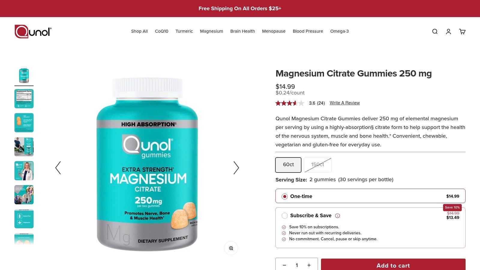 Qunol Magnesium Citrate Gummies, 250 mg