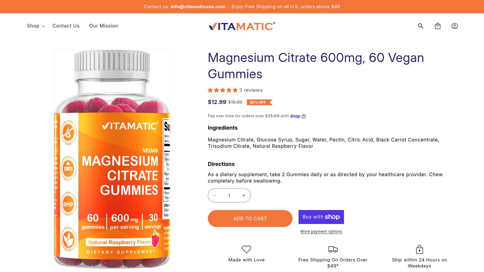 Vitamatic Magnesium Citrate 600 mg, 60 Vegan Gummies