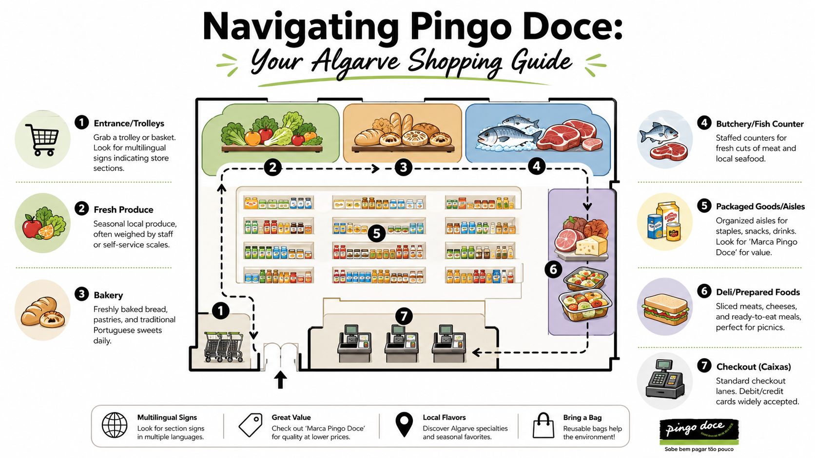 A store layout guide for Pingo Doce supermarket in the Algarve region, illustrating sections like produce and checkout.