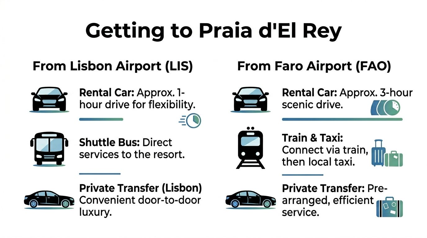 A travel infographic showing various transportation options from Lisbon and Faro airports to Praia d'El Rey.