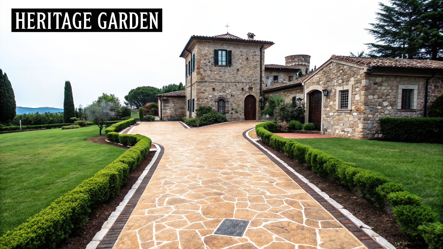 Stone country house with patterned driveway, green lawns, hedges, and a 'Heritage Garden' sign.