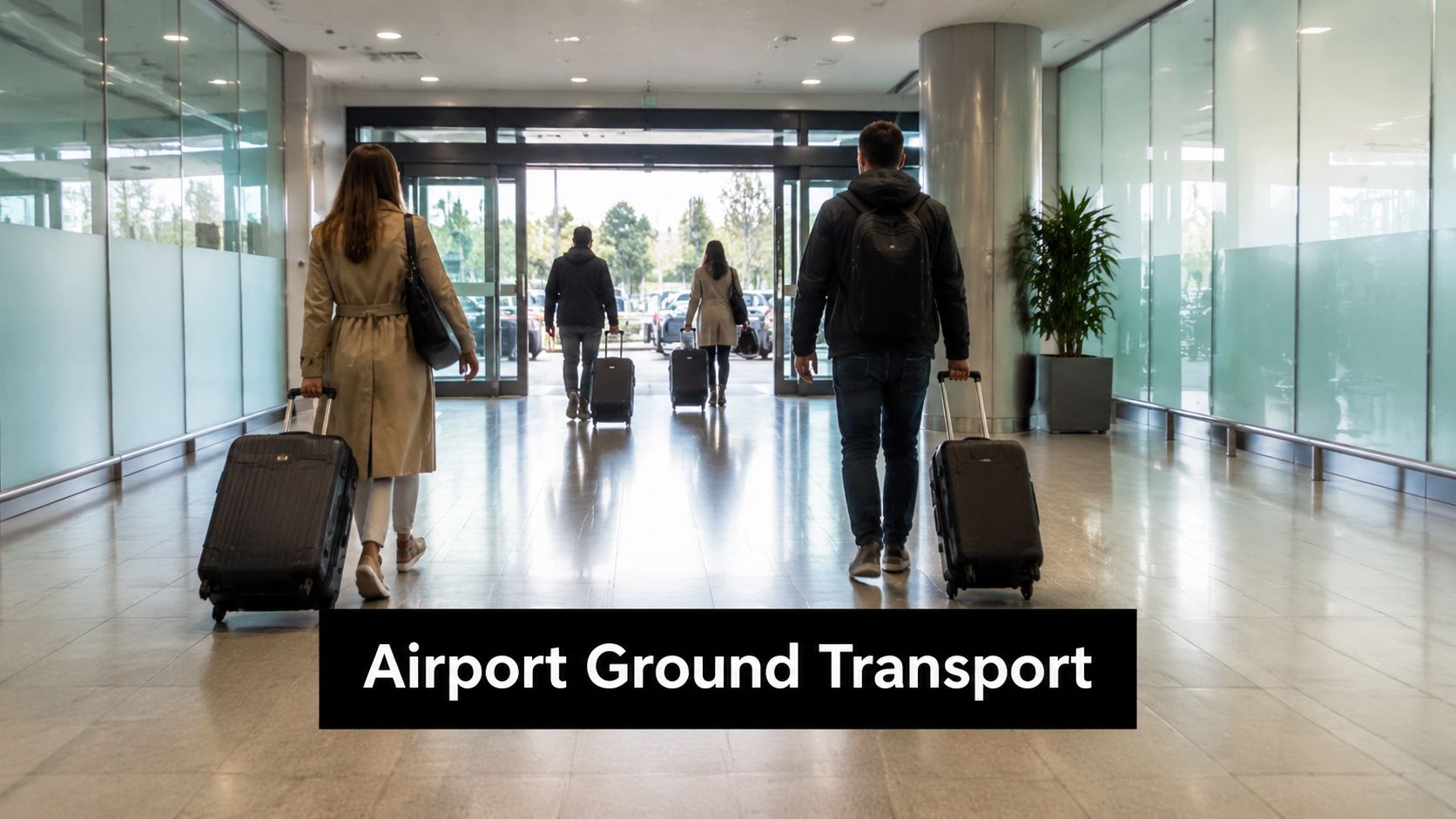 Passengers walking through an airport terminal towards the exit with their rolling luggage suitcases.
