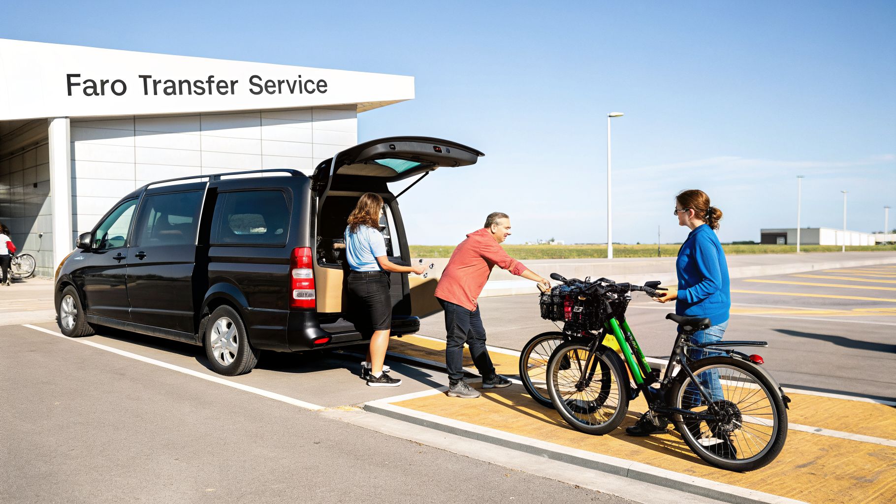 Travelers with bicycles at Faro Transfer Service preparing for an Algarve bike holiday.