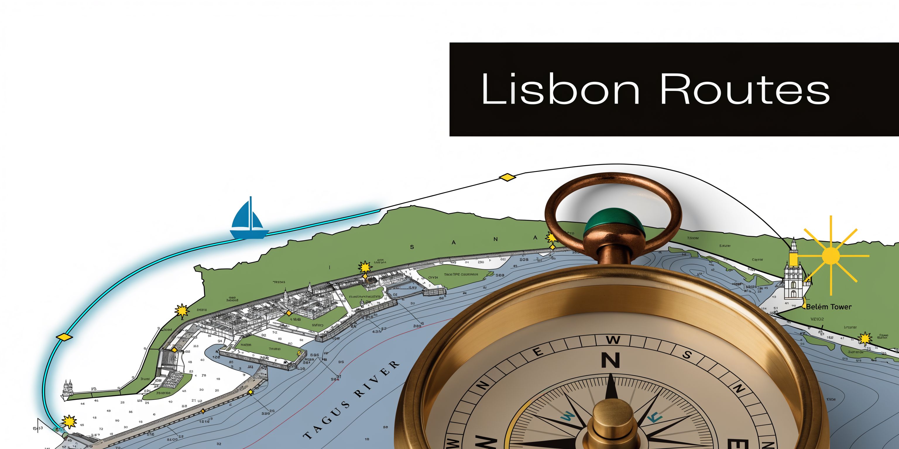 A map of Lisbon featuring a compass and sailing routes along the Tagus River with Belém Tower.