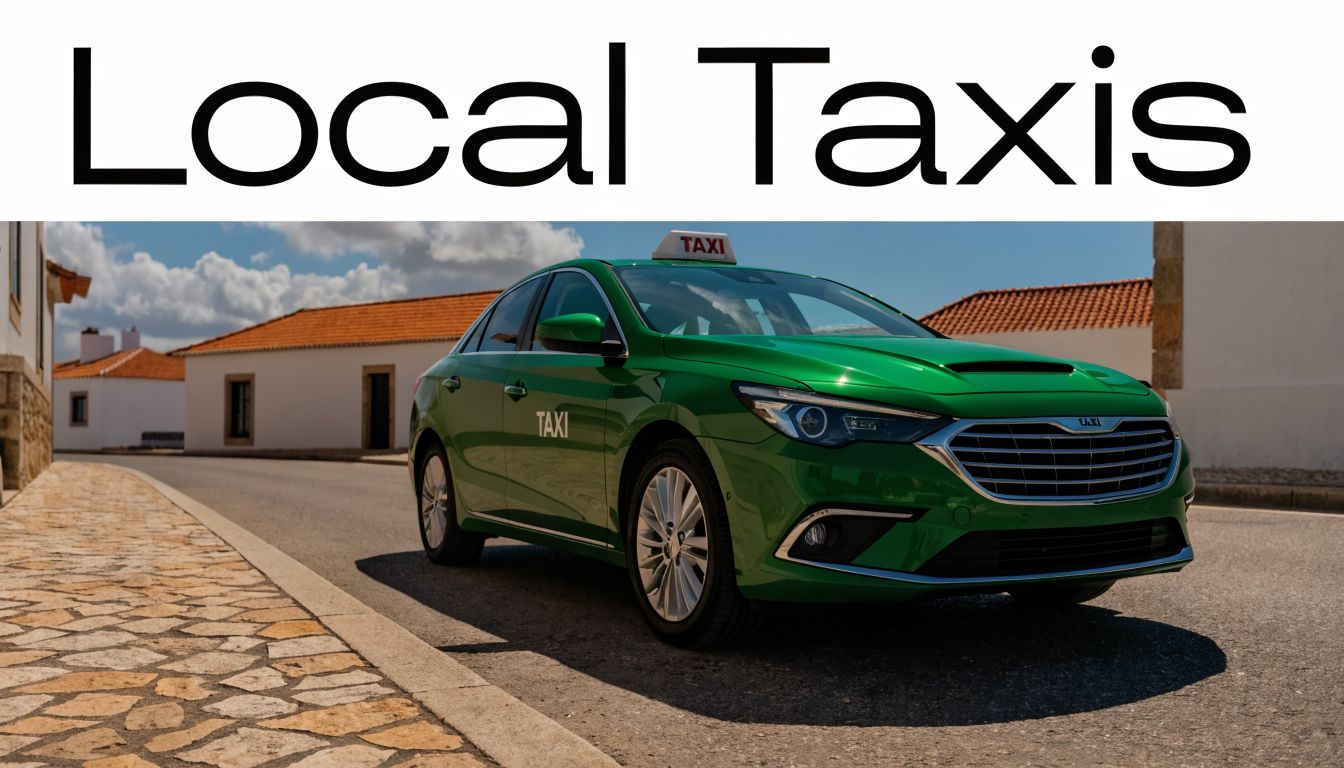 A green taxi car parked on a paved street in front of traditional white houses.