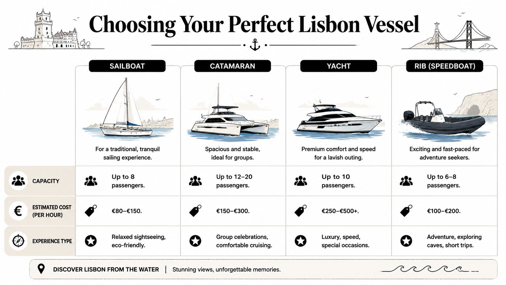 A comparison chart showing different boat rental options in Lisbon, Portugal, including capacity, cost, and experience.
