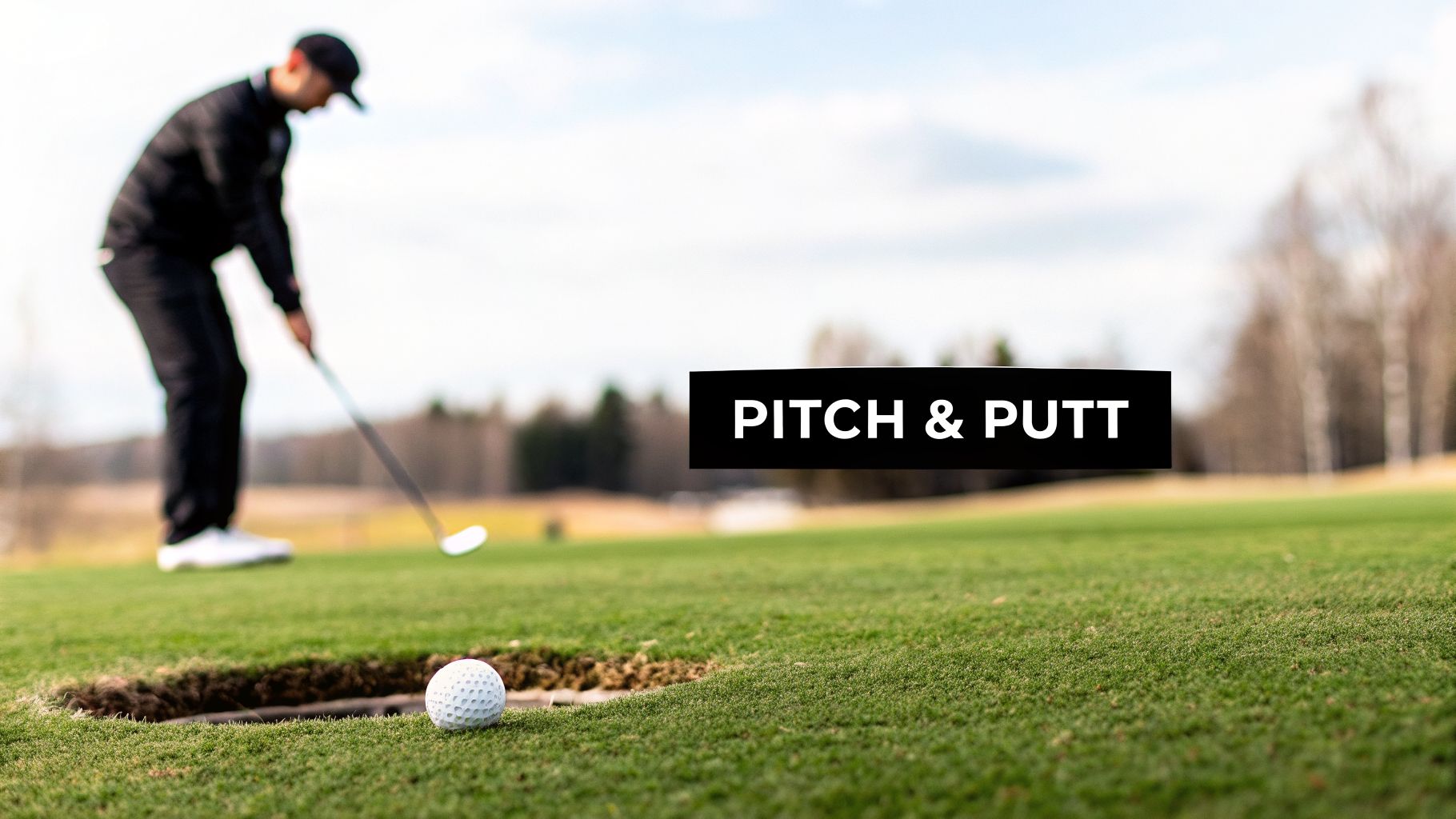 A golfer on a green preparing to putt, with a golf ball next to the hole and 'PITCH & PUTT' text.