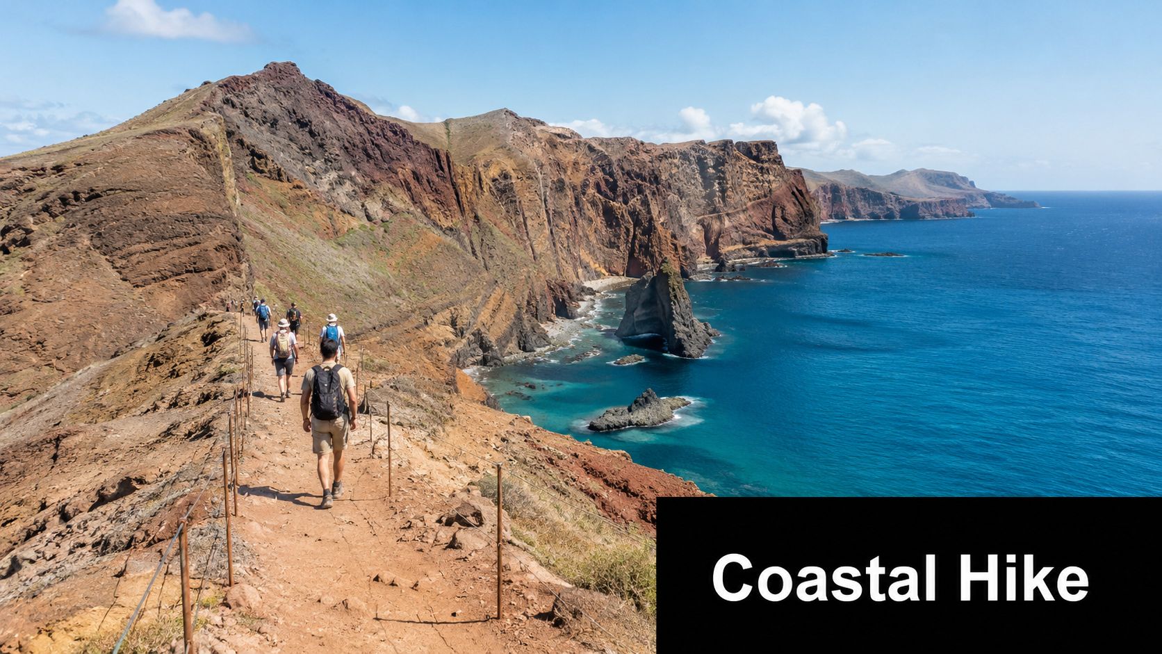 A group of hikers walks along a dramatic, narrow dirt trail on a cliff overlooking the ocean.