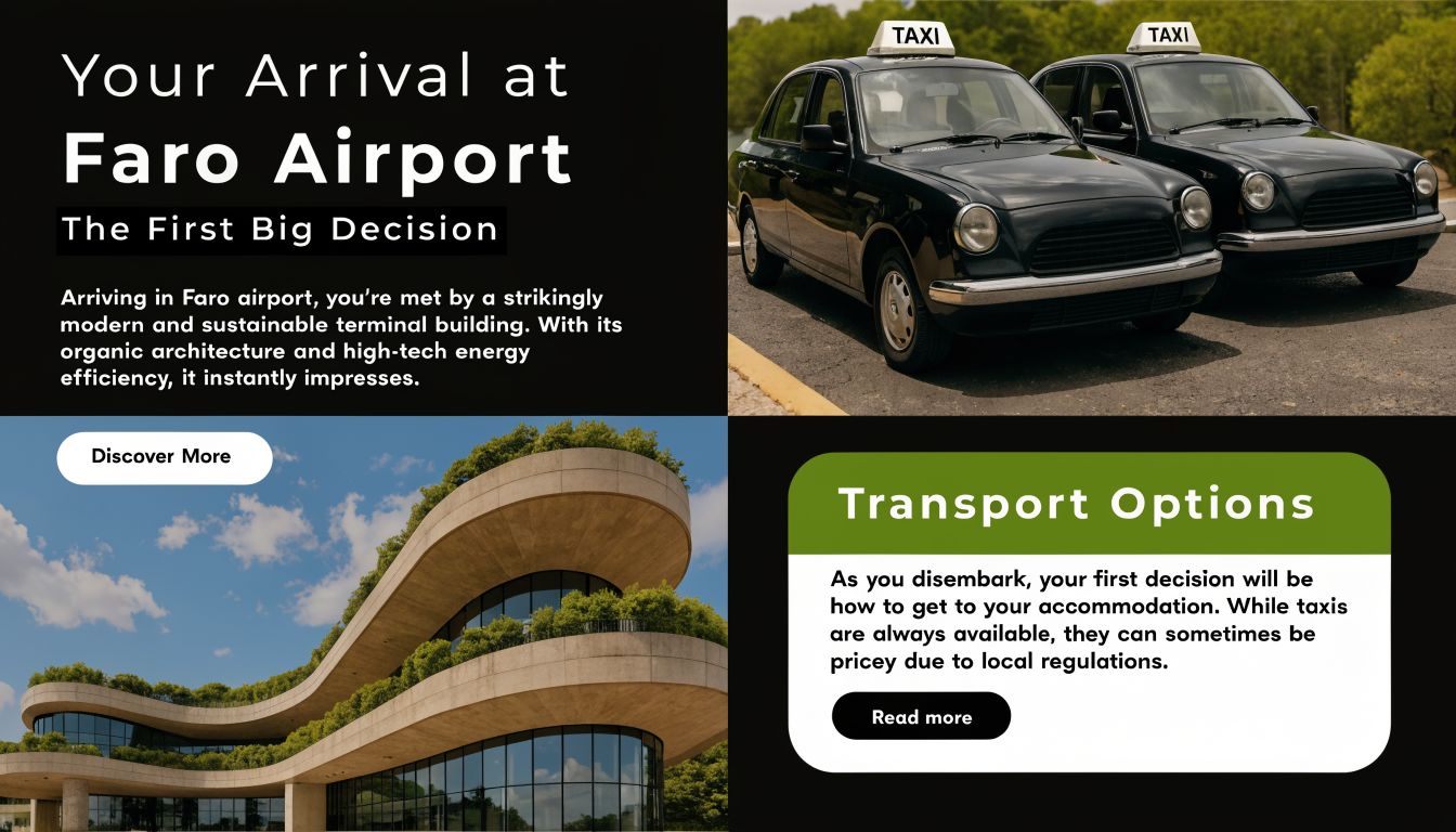 A travel guide for arriving at Faro Airport featuring an eco-friendly building and taxi transport options.