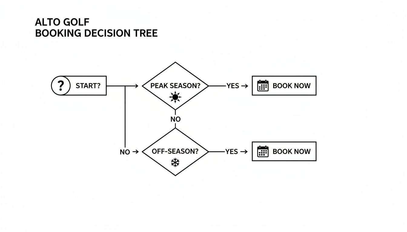 A booking decision tree flowchart for Alto Golf, illustrating steps for peak and off-season bookings.
