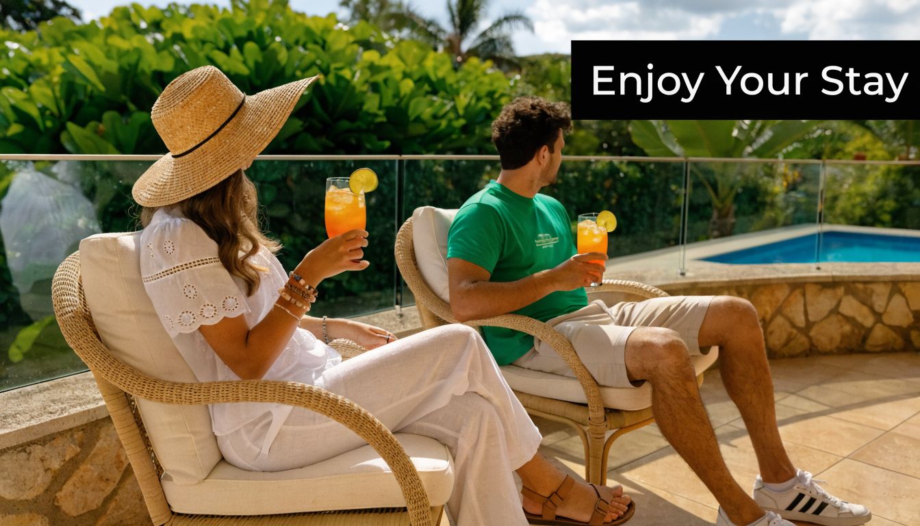 A couple relaxes on a sun-drenched patio with refreshing orange drinks overlooking a pool and garden.