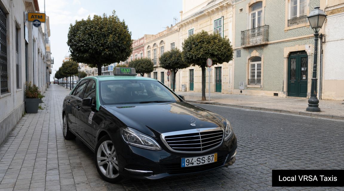 A black Mercedes taxi car parked on a cobblestone street in Vila Real de Santo António, Portugal.