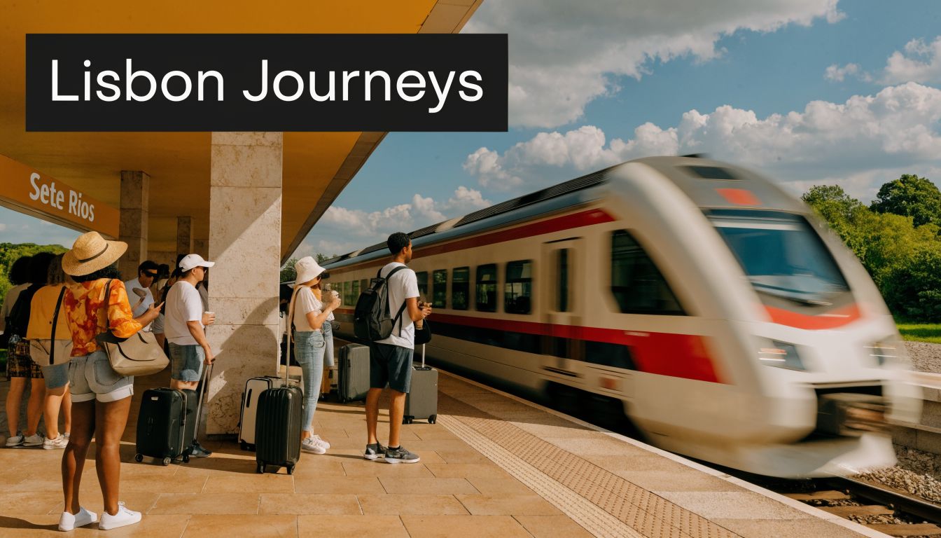 Passengers waiting on the platform at Sete Rios train station while a modern train arrives.