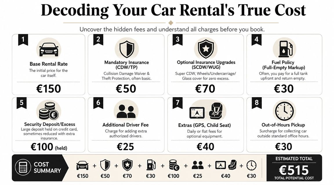 An infographic detailing the various costs associated with renting a car, including fees for insurance and extras.