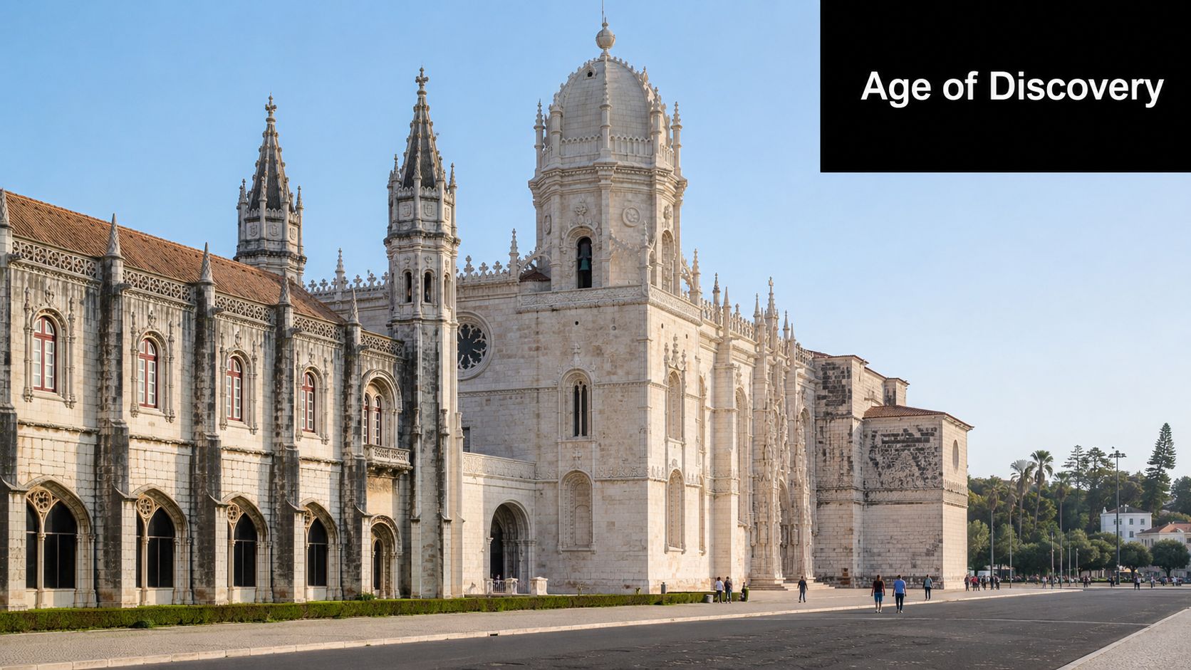 The historic Jeronimos Monastery with intricate stone architecture in Lisbon during the Age of Discovery period.