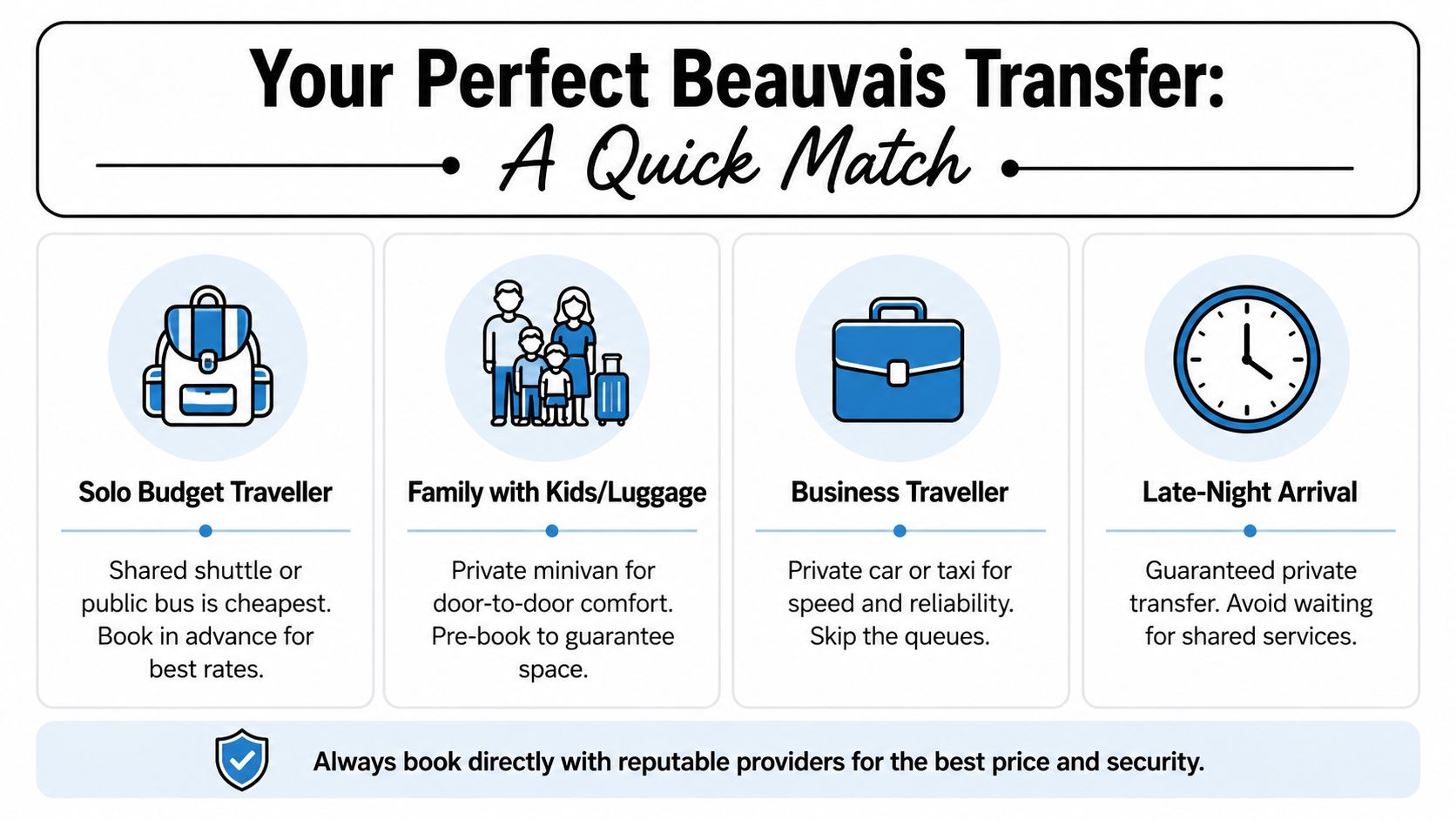An infographic showing the best transport options for different types of travellers at Beauvais airport.