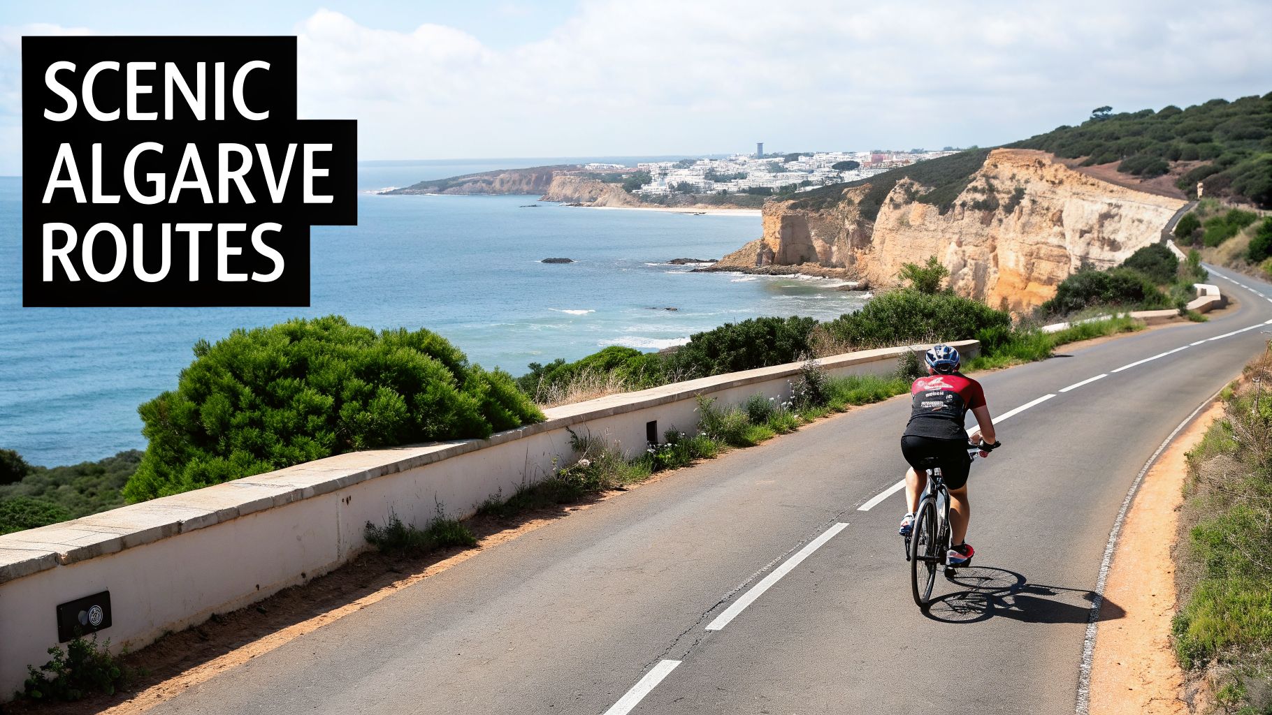 A cyclist rides a bike on a winding coastal road with scenic views of the Algarve, Portugal.